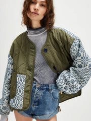 Women's Slim-Fit Quilted Patchwork Button Coat – Green