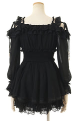 Black Off Shoulder Long Sleeves Floral Print Ruffle Bowknot Lace-Up Gothic Jirai Kei Japanese Skirt Set