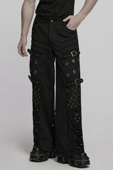 Black Eyelet Ripped Men's Punk Straight Pants