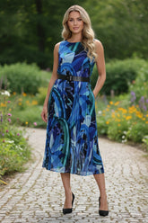 Frank Lyman Blue/Multi Floral Pleated Chiffon Belted Midi Dress 256324