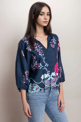 Johnny Was Jade Navy Harlyn Button Front Blouse L19125-2