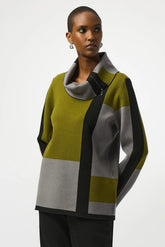 Joseph Ribkoff Black/Artichoke/Grey Color Block Cowl Neck Sweater Top 253911