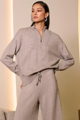 Joseph Ribkoff Embellished Zipped Mock Neck Pullover Sweater 254933