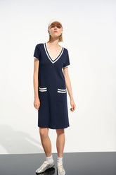 Joseph Ribkoff Indigo/Vanilla Striped Rib Trim A-Line Dress 261648