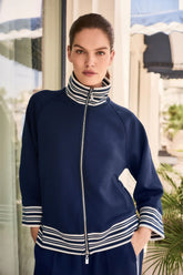 Joseph Ribkoff Indigo/Vanilla Striped Zip Up Boxy Jacket 261617