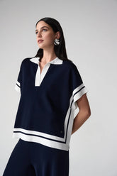 Joseph Ribkoff Midnight Blue/Vanilla Striped Boxy Polo Sweater 261941