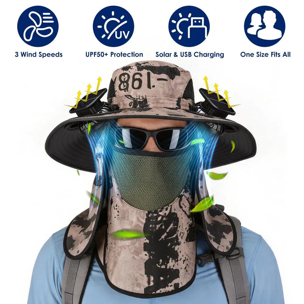Solar & USB Fan Hat – UPF50, Wide Brim, Face Cover & Neck Flap, 4 Colors