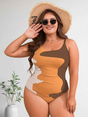 Women's Plus Size Earth Tone Color Block One-Piece Swimsuit