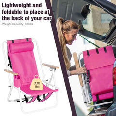 Folding Beach Chair with Backpack Straps – 4-Position Recline, Wooden Armrests, Cup Holder & 265 lb Capacity
