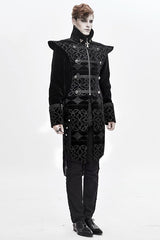 Black High Collar Chinese Palace Floral Pattern Velvet Long Mens Gothic Coat