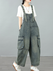 Relaxed Utility Denim Overalls with Cargo Pockets and Adjustable Straps for Women