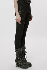 Black Multi-Pocket Buckle Women's Punk Jeans Pants