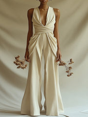 Apricot V-neck Sleeveless Pleated Jumpsuit