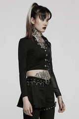 Black Gothic Super Cool Slim Fit Strap Sexy Cropped Pullover Long Sleeve Women's Polo Tee