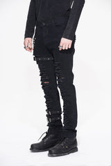 Black Metallic Punk Broken Holes With Loops Mens Pants