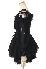Black Off Shoulder Long Sleeves Floral Print Ruffle Bowknot Lace-Up Gothic Jirai Kei Japanese Skirt Set