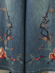 Embroidered Denim Cotton Wide-Leg Palazzo Pants for Effortless Chic Style