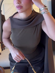 Brown Sleeveless Scarf Top& High Waist Pants Suit