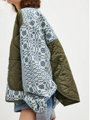 Women's Slim-Fit Quilted Patchwork Button Coat – Green