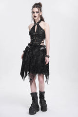 Black Halterneck Sleeveless Skull Print Irregular Women's Punk Dress