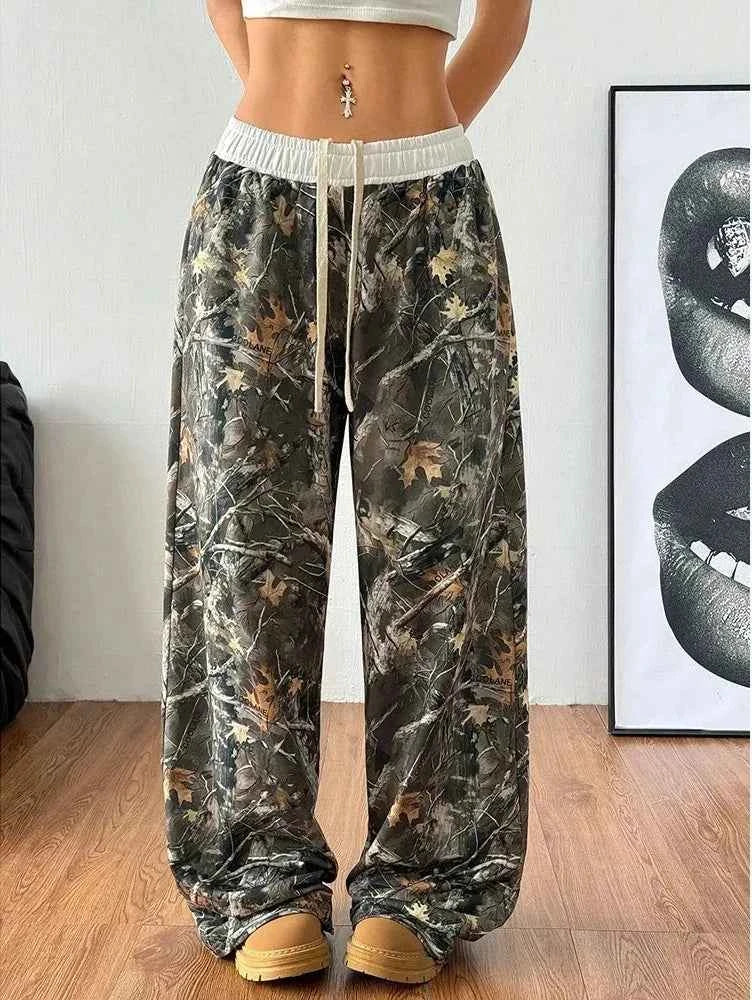 Women Branch Camouflage Wide Leg Pants Casual Hip Hop Elastic Waist Pocket Baggy Trouser Loose Vintage Y2KShannon DeMarte
