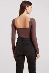 Long Sleeve Wide Square Neck Bodysuit | Coffee
