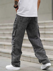 Fashionable men's denim trousers, washed workwear trousers, multi-pocket function for outdoor wear.