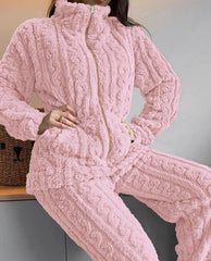 Thickened Warm 2Pcs Pajamas Set Jacquard Textured Stand Collar Zip Up Fuzzy Teddy Top & Pants Set Striped Nightwear Loungewear