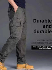 Men's Casual Workwear Trousers High Waist Large Size Leisure Pants Cuffed Tactical Multi-Pocket Labor Protection Wear-Resistance