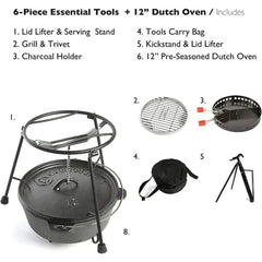 6-Piece Cast Iron Camping Grill Set – Dutch Oven, Flip Grill, Charcoal Holder & Accessories