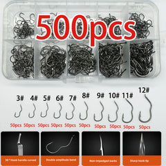 Carbon Steel Fishing Hook Set – 300pcs, Sizes 3-12, Barbed Sharp Hooks