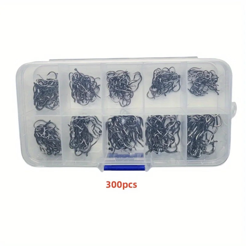 Carbon Steel Fishing Hook Set – 300pcs, Sizes 3-12, Barbed Sharp Hooks