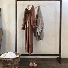 2025 New Spring Cotton Linen Dress for Women Solid Long Sleeve Drawstring Office Lady Elegant Maxi Dress