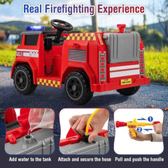 Kids Ride on Fire Truck, 12V Battery Powered Fire Car Toy w/Water Gun & Tank, Remote Control, Interphone, Shovel, 1 Seater