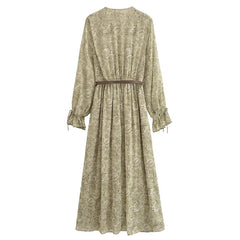 2025 New Spring Womens Dress Flower Printed Long Dresses For Women Long Sleeve Belt Midi Dress Ladies Elegant Party Dresses