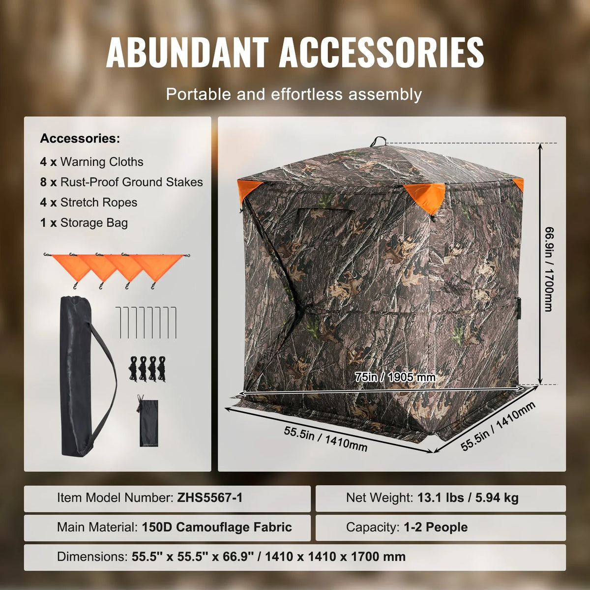 270° See-Through Ground Hunting Blind – 1-2 Person, Pop-Up, Waterproof, 55" or 58"