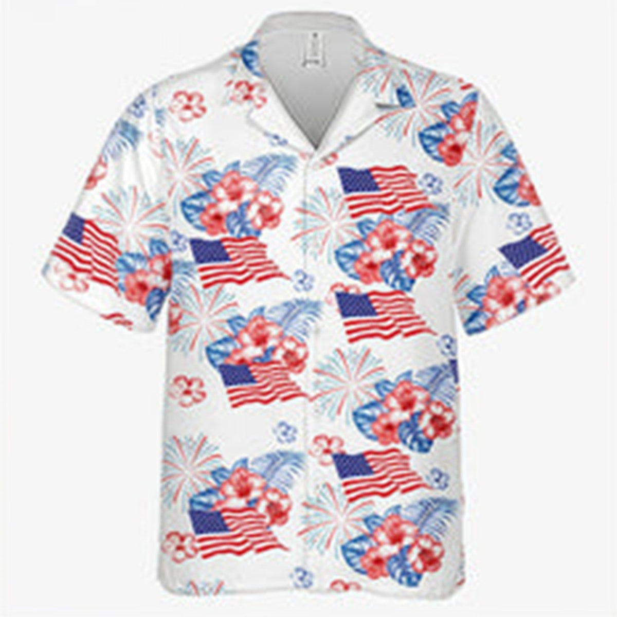 Patriotic American Flag Hibiscus Firework Short-Sleeve Shirt