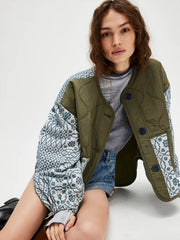 Women's Slim-Fit Quilted Patchwork Button Coat – Green