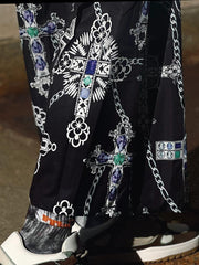 Black Cross Print Plaid Patchwork Wide-Leg Pants