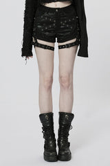 Black Faux Leather Stitching Mesh Buckles Women's Steampunk Shorts