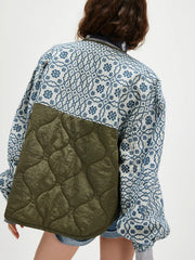 Women's Slim-Fit Quilted Patchwork Button Coat – Green