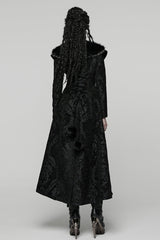 Black Lapel Collar Long Sleeves Floral Printed Plush Spliced Women's Gothic Coat