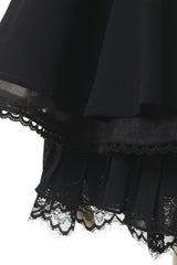 Black Off Shoulder Long Sleeves Floral Print Ruffle Bowknot Lace-Up Gothic Jirai Kei Japanese Skirt Set