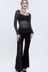 Black Lace Mesh Front Red Diamond Transparent Long Sleeve Women's Punk Shirt