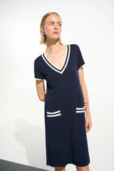 Joseph Ribkoff Indigo/Vanilla Striped Rib Trim A-Line Dress 261648